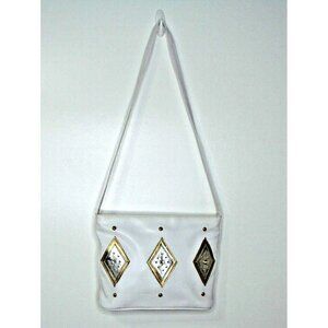 Retro Silver Gold Diamond Design White Crossbody Bag Faux Leather Granny Core